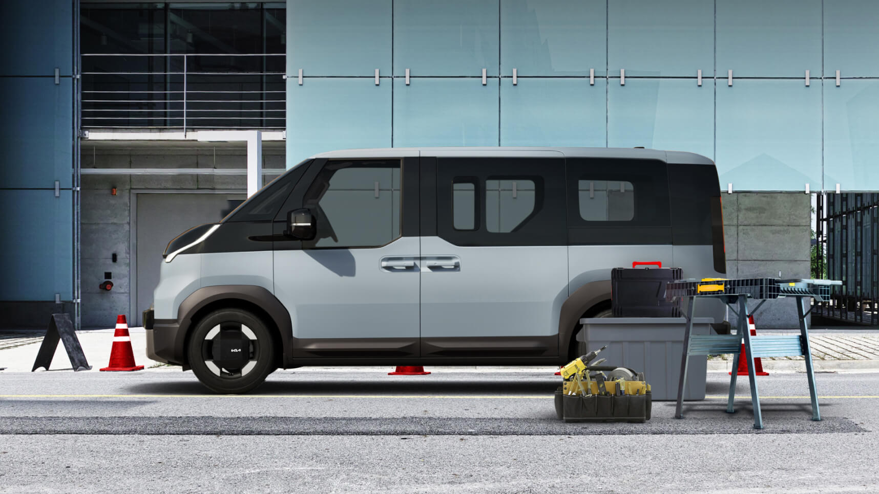 The Kia PBV configured as a multi-use service van equipped for construction, repair, and facility maintenance operations