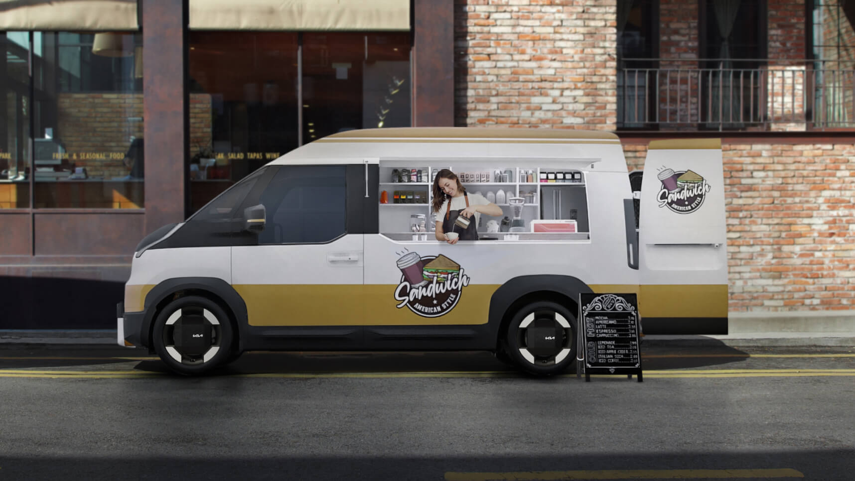 The Kia PBV transformed into a mobile workshop with built-in tools and storage for on-site professional tasks