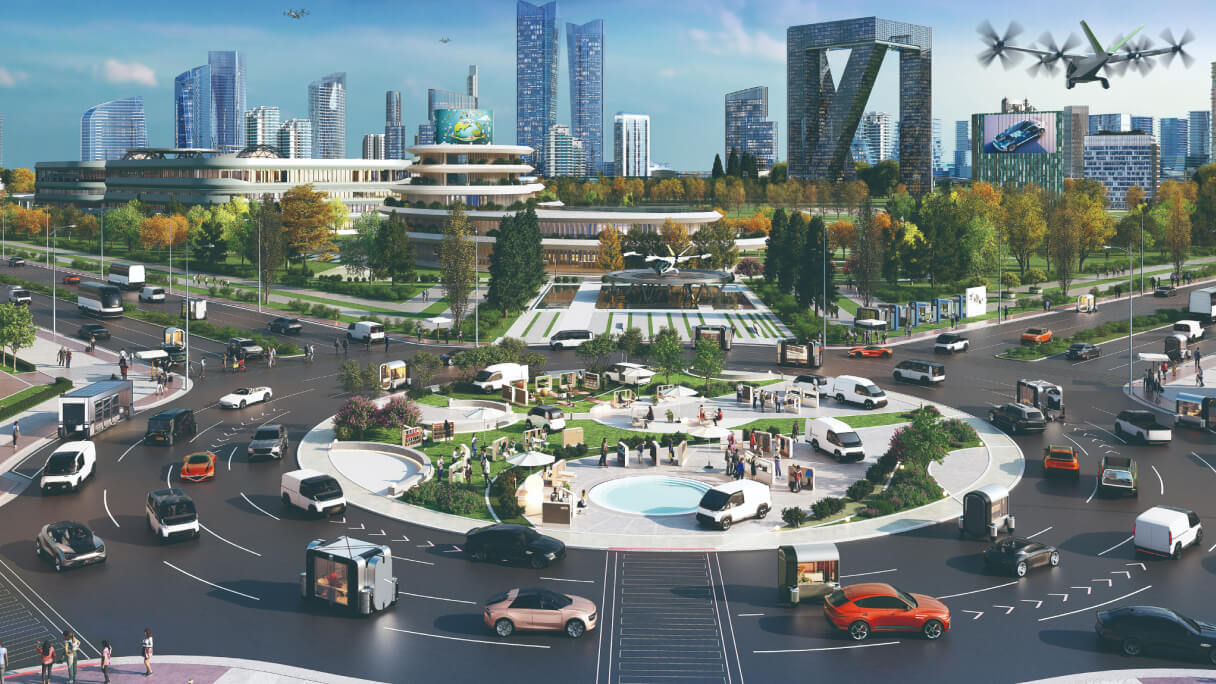 Concept image of a future smart city featuring the Kia PBV ecosystem with robotaxis, AAM(Advanced Air Mobility), and energy infrastructure