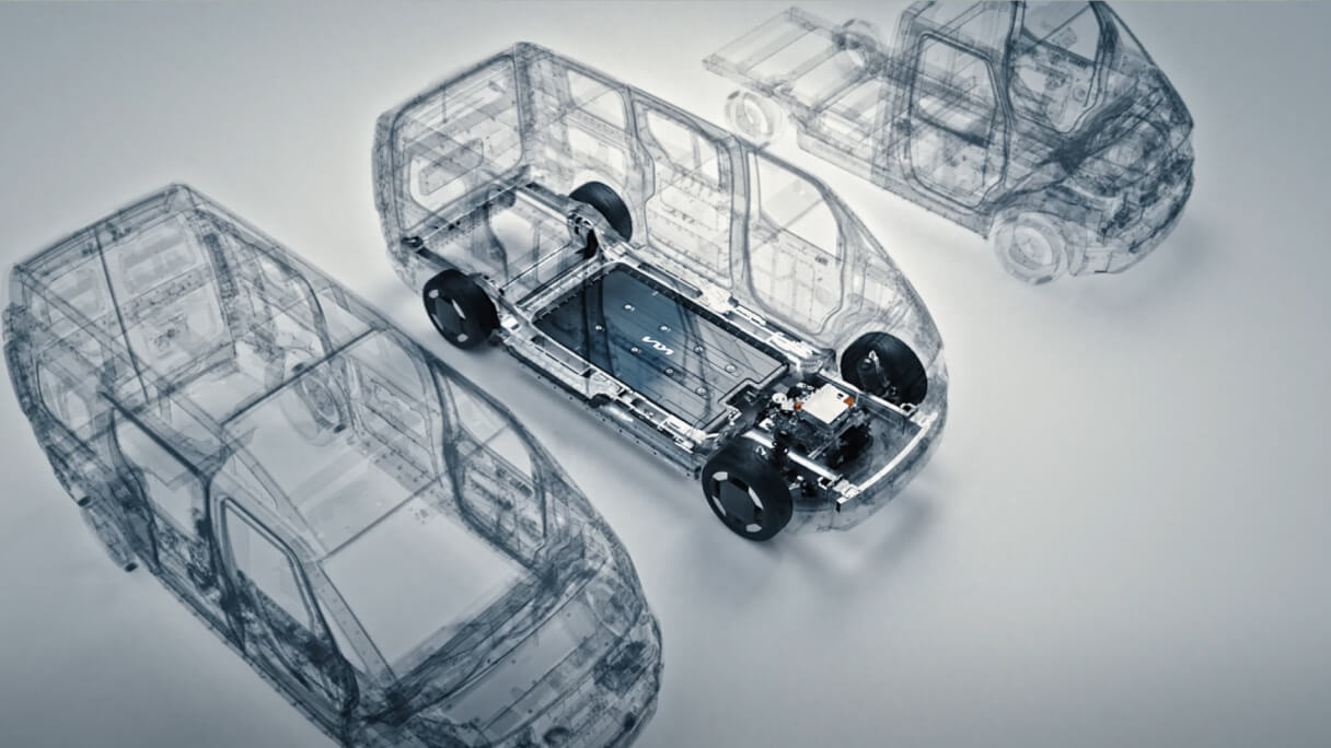 Rendered image of the Kia PBV chassis structure showing E-GMP.S platform layout and modular battery design