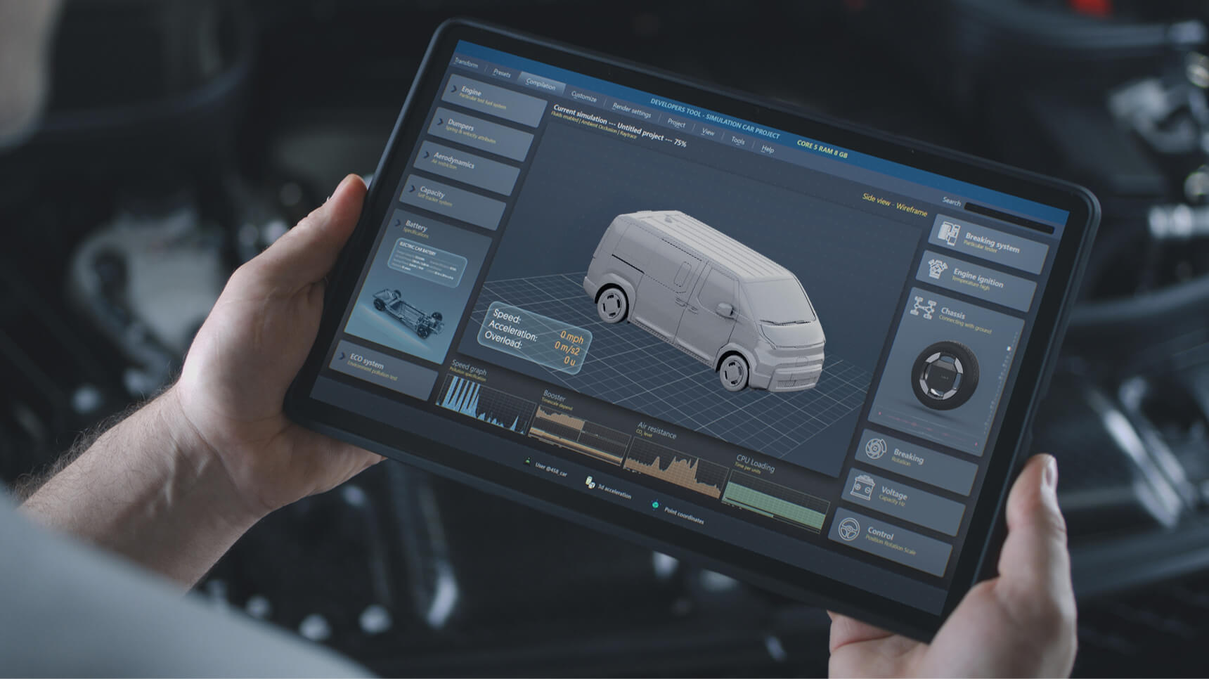 Hand holding tablet displaying Kia PBV vehicle diagnostics through data service interface