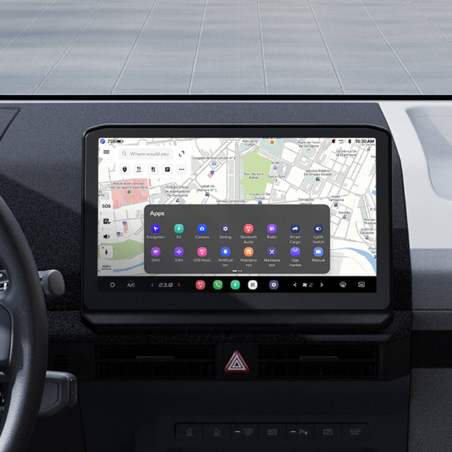 12.9" large In-vehicle display of the Kia PV5 showing AAOS (Android Automotive OS) interface with navigation and app menu