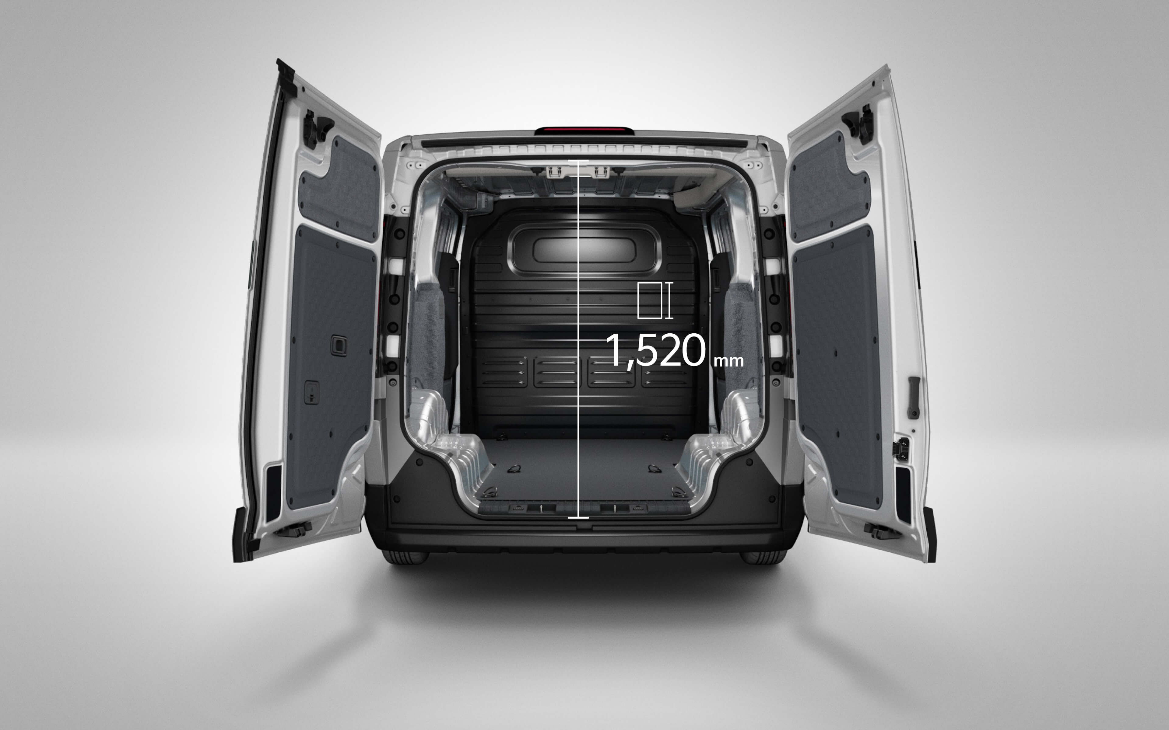 Rear view of the Kia PV5 Cargo with both rear doors open to reveal cargo space