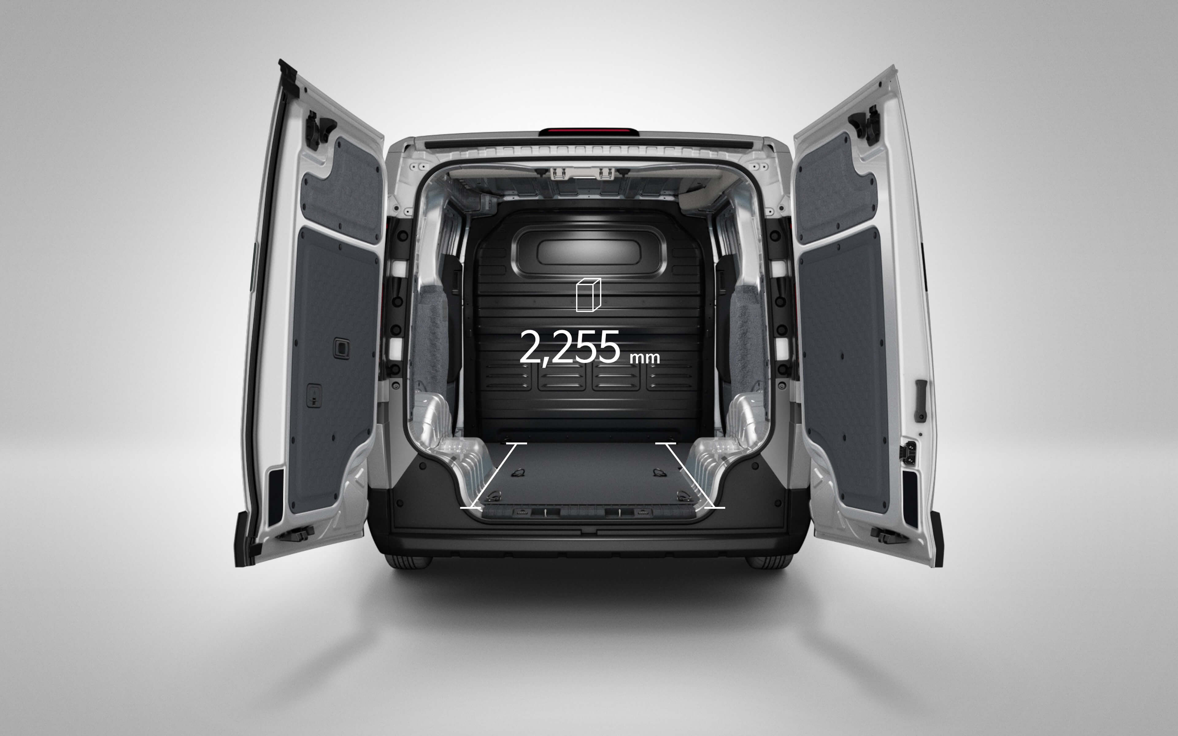 Rear cargo view of the Kia PV5 Cargo showing cargo length measurement of 2,255 mm