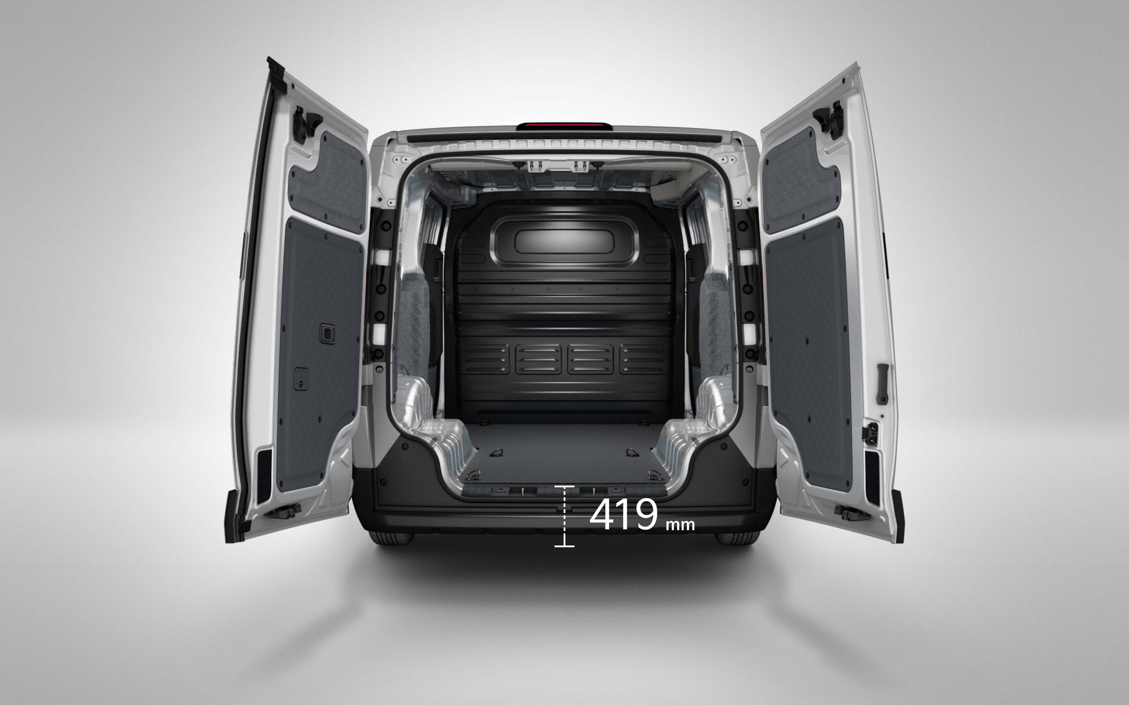 Rear cargo view of the Kia PV5 Cargo showing platform loading height of 419 mm