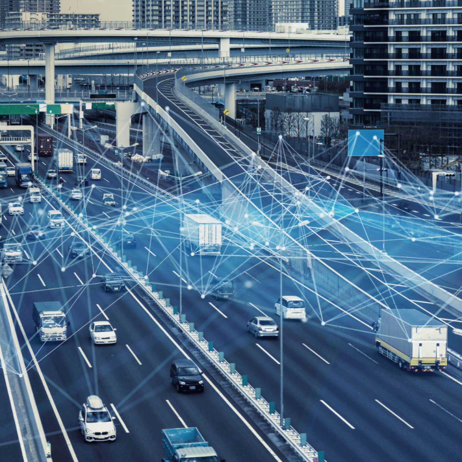 Connected highway scene representing Kia PBV Solutions powered by Android Automotive OS, OTA updates, and OEM-based fleet management system integration