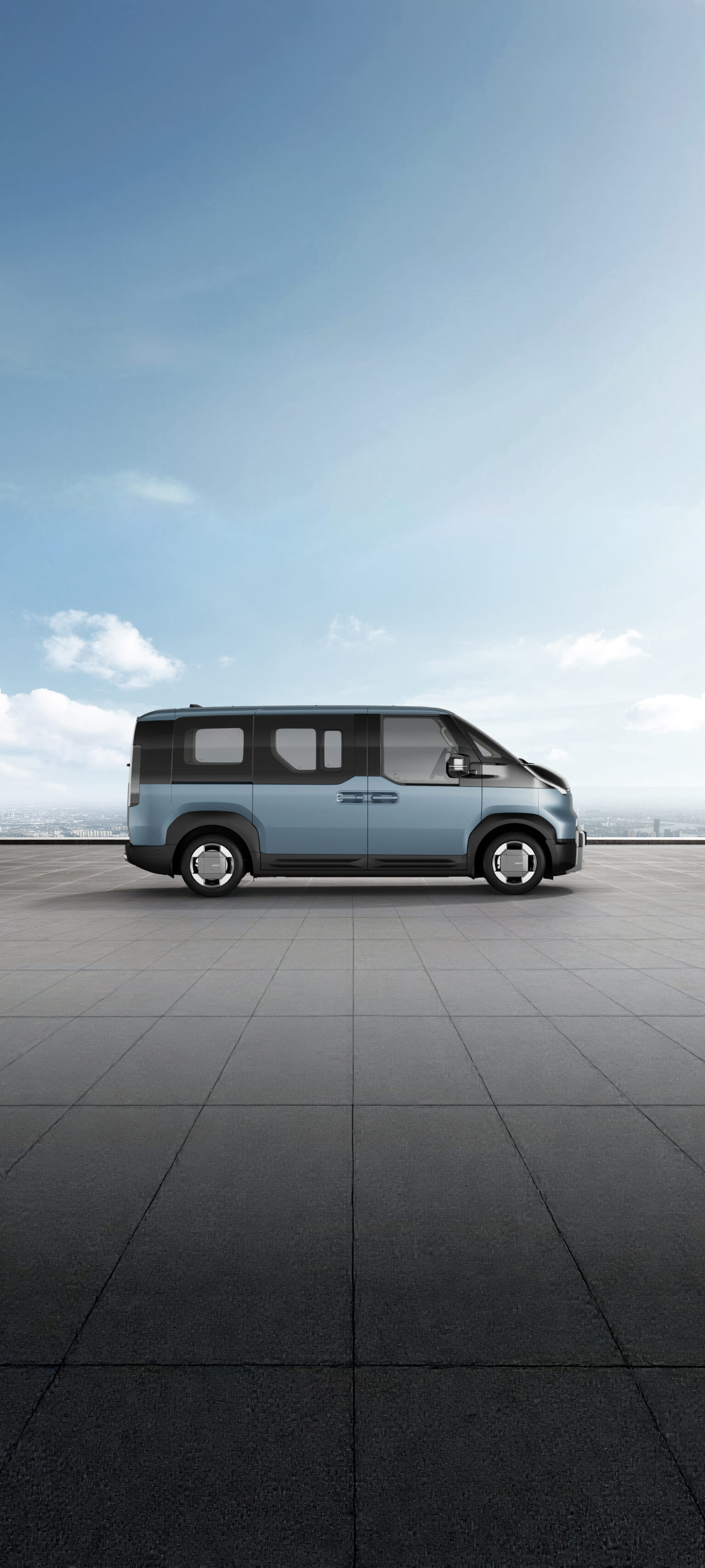 Side view of the Kia PV5 Passenger in frost blue shown on exterior color visualizer