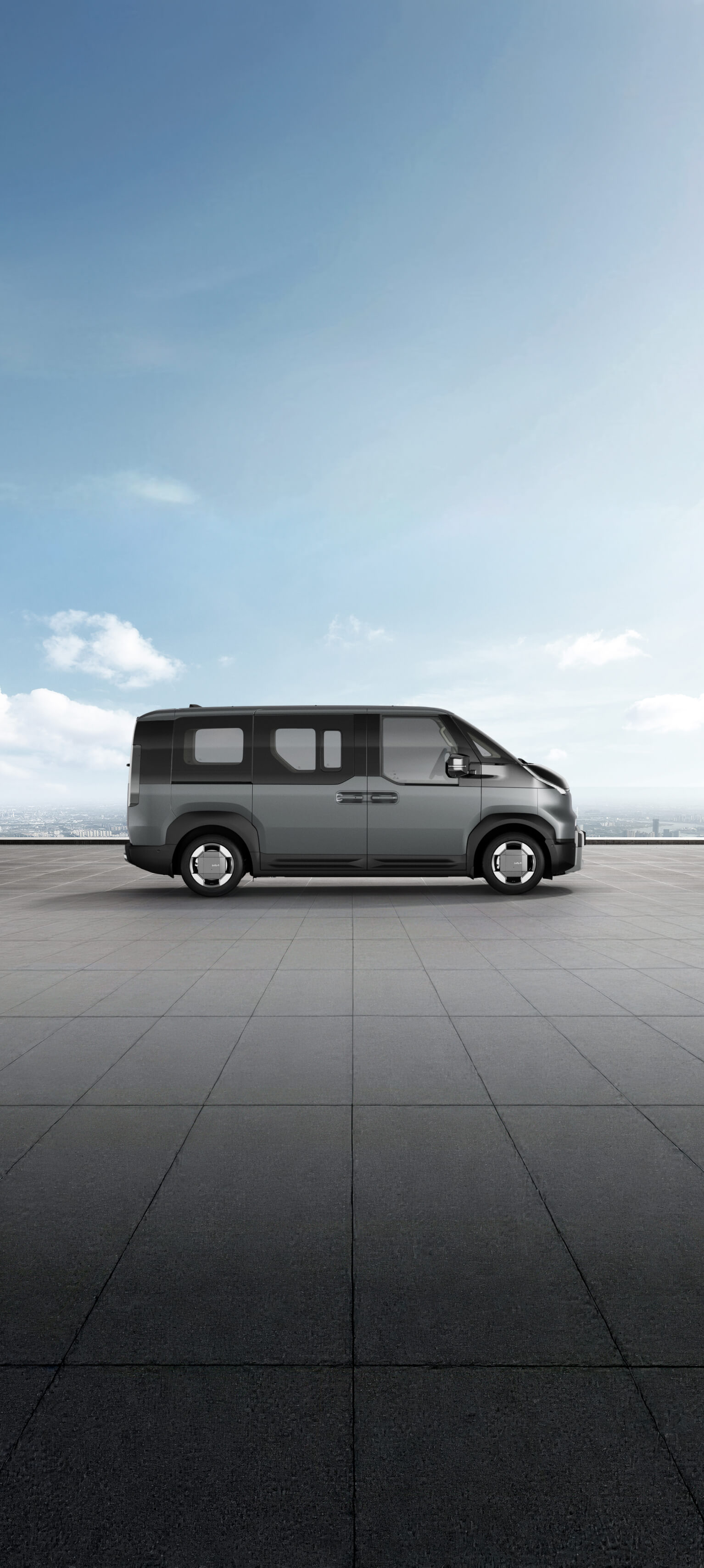 Side view of the Kia PV5 Passenger in lakehouse grey shown on exterior color visualizer