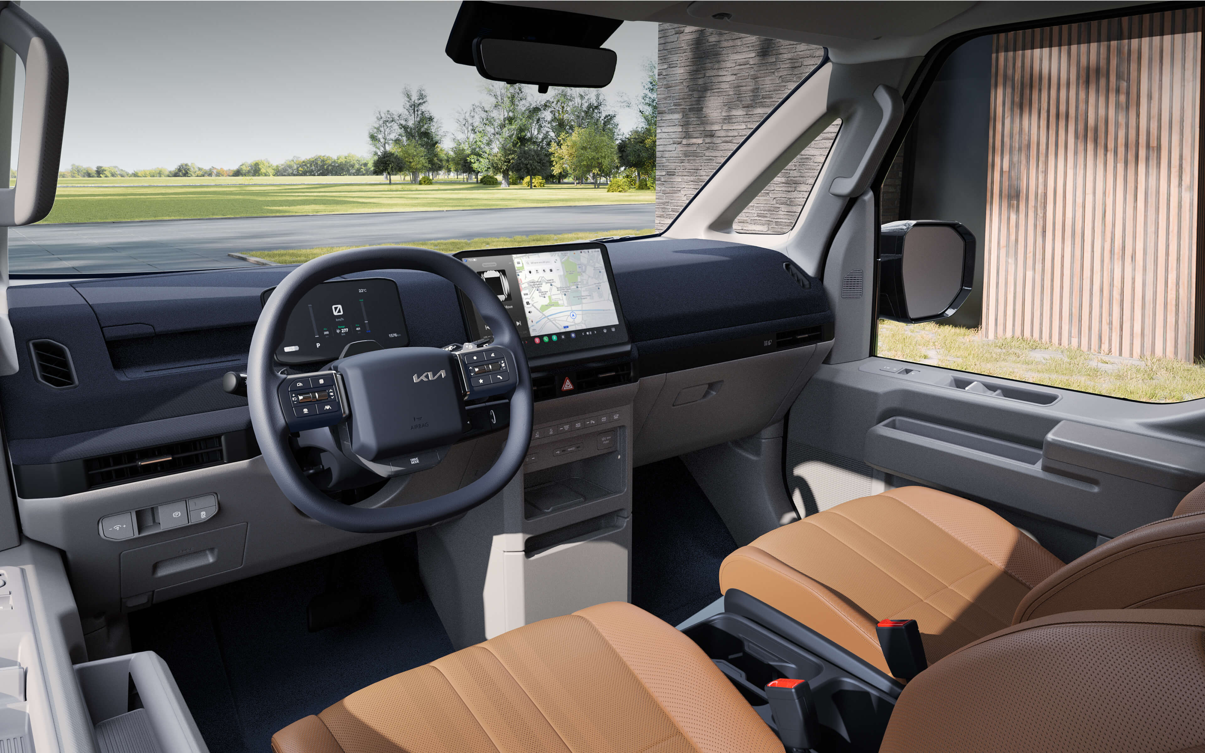 Driver-side interior of the Kia PV5 Passenger showing USB-C fast charging ports and climate-controlled seats with heating and cooling options