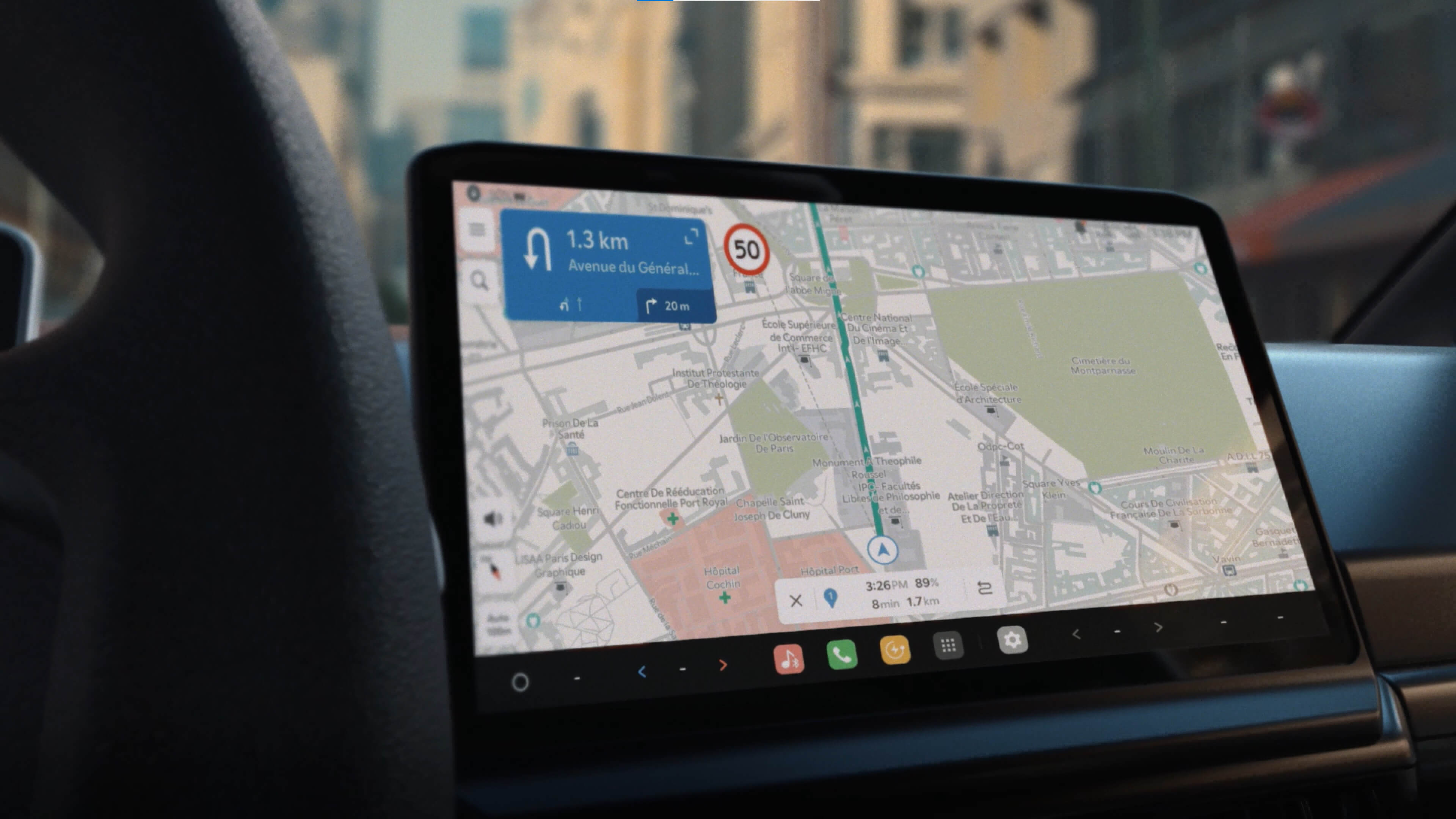 Kia PBV In-vehicle touchscreen display showing navigation map and Kia app market interface
