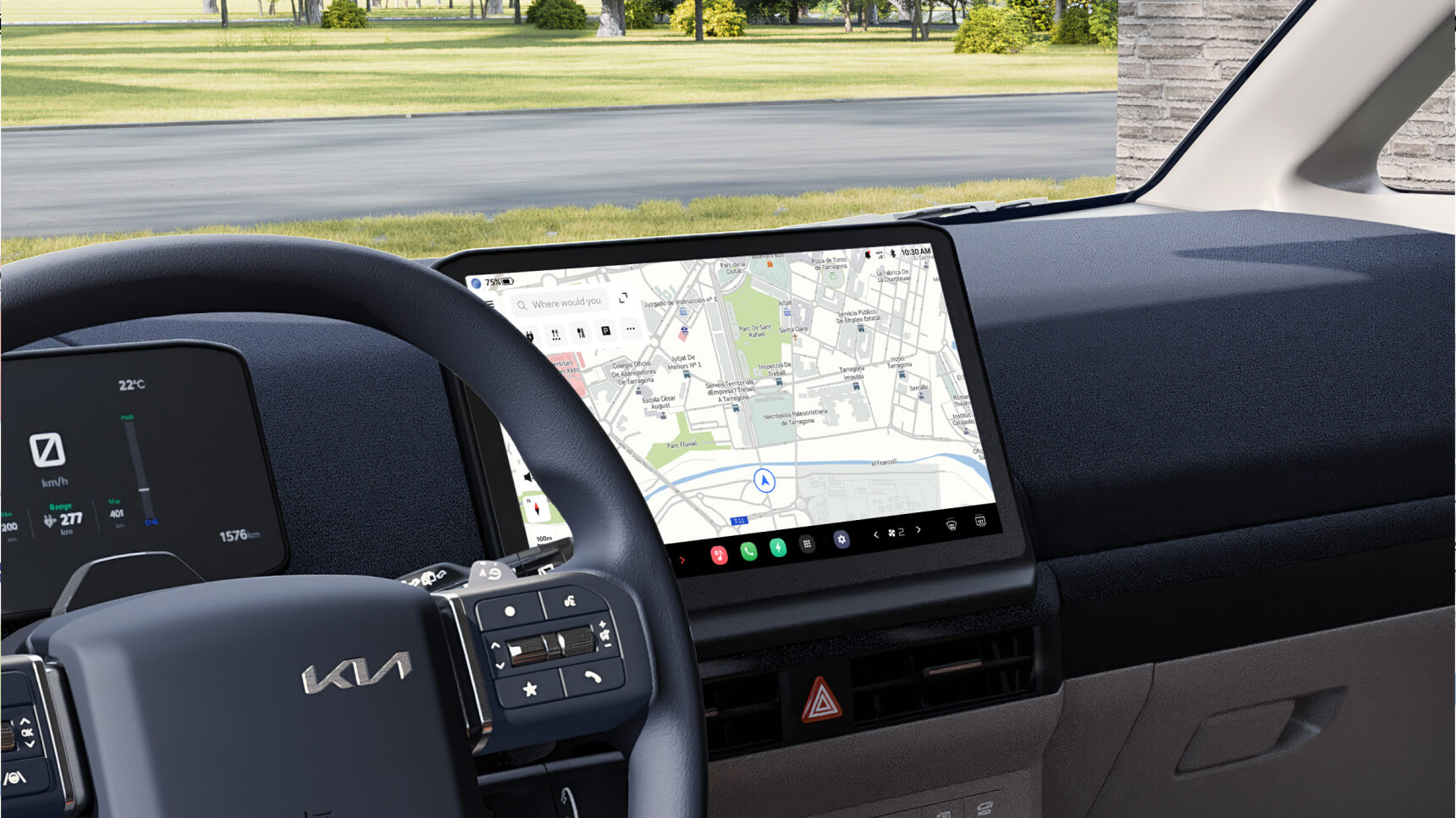 Kia PBV dashboard with in-vehicle infotainment screen displaying navigation and smart controls