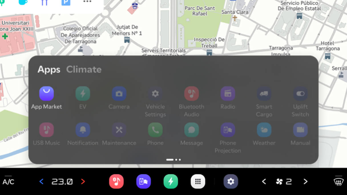 In-vehicle display showing Android-based app launcher for downloading and updating apps directly from the Kia PBV system