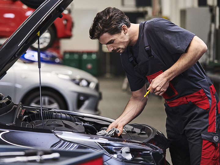 Service Advisor explaining a brake pad to a customer