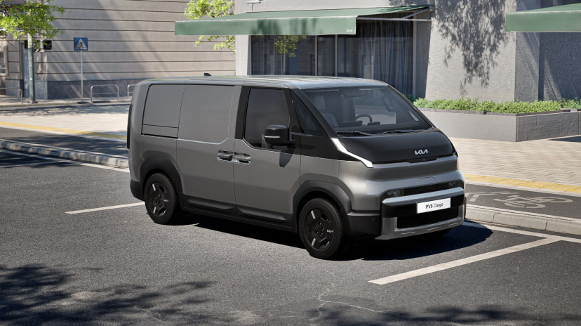 Front-side view of the Kia PV5 Cargo highlighting its clean, modern exterior and commercial functionality